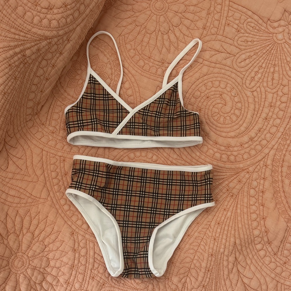 Burberry Kids Checkered Bikini in Brown and White